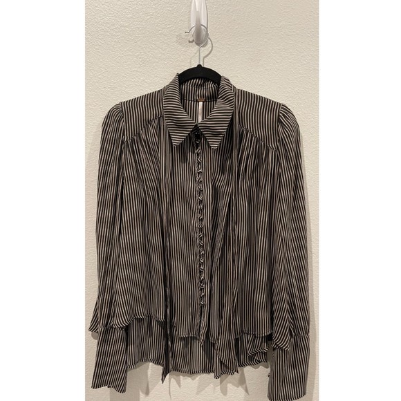 FREE PEOPLE Striped Black Cream Pleat Button Bell Sleeve Blouse - Picture 2 of 10